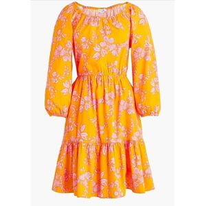 J.Crew Dress Womens Size 8 Orange Pink Floral Print Tiered Balloon Sleeve Pocket